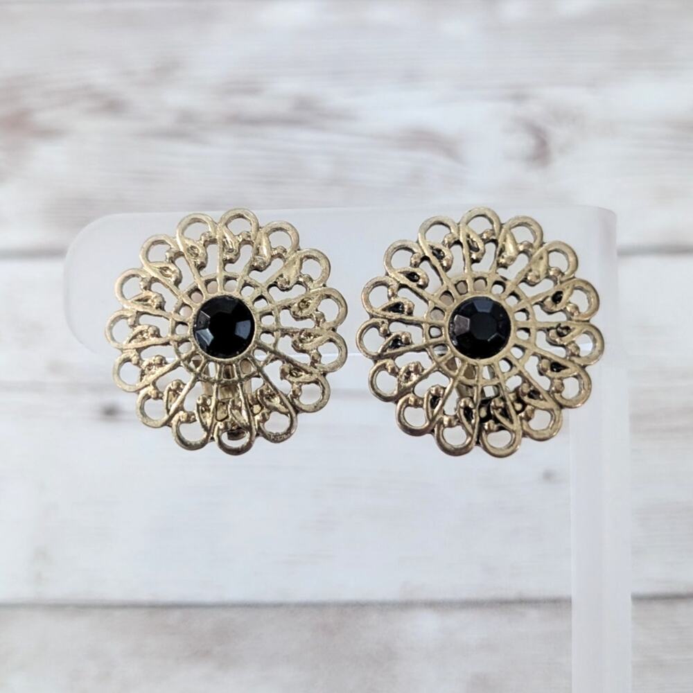 Vintage Clip On Earrings 1" Large Statement Ornate Design Gold Tone Black Gem